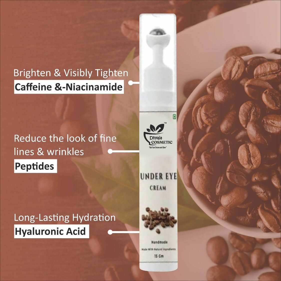 Coffee Under Eye Roll on for Dark Circles, Puffiness & Fine Lines | With Eyeseryl, Caffeine, Niacinamide & Green Tea | Soothing Roller | Sulphate & Paraben Free