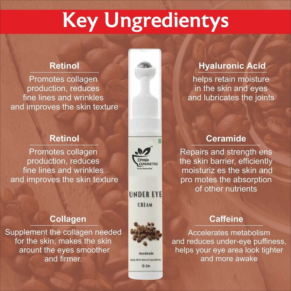 Coffee Under Eye Roll on for Dark Circles, Puffiness & Fine Lines | With Eyeseryl, Caffeine, Niacinamide & Green Tea | Soothing Roller | Sulphate & Paraben Free